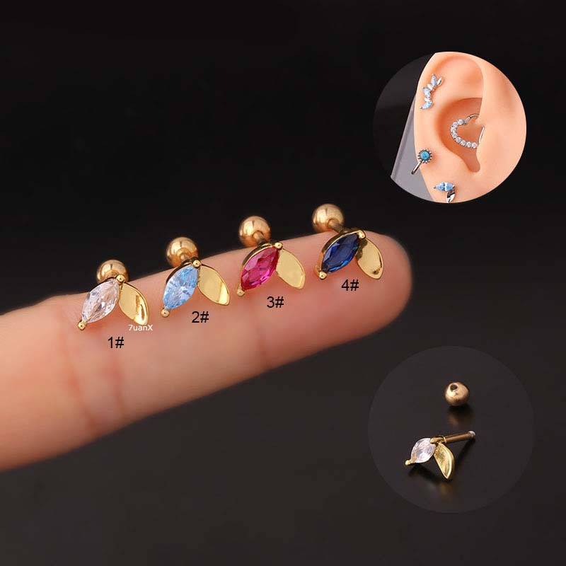 1 Khuyên Tai Hình Lá Xoắn Ốc 16G Bằng Thép Không Gỉ Đính Đá Zircon