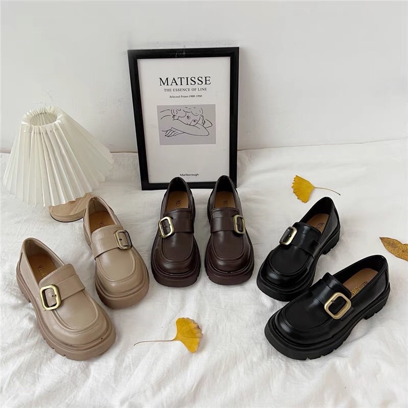Giày lười/ loafer/ giày moca da có vân trang trí khoá màu đồng gót cao 4.5 cm thanh lịch, trang nhã, vintage