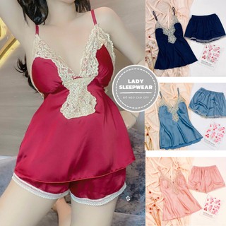 Đồ ngủ nữ - Set bộ ngủ 2 dây phối ren có mút ngực, quần đùi trơn mỏng mát siêu cute