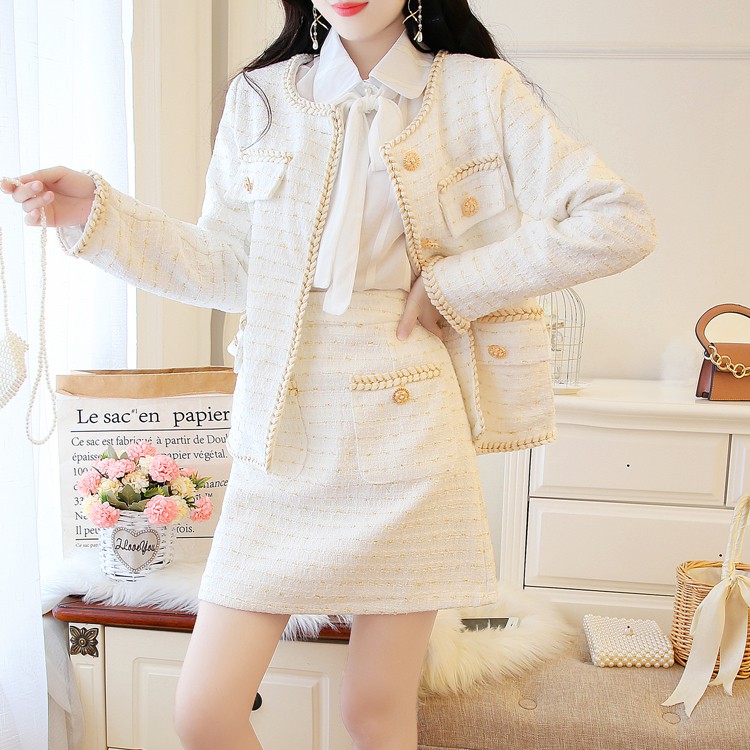 Set tweed 3 món siêu sang áo sơ mi trắng phối áo khoác và váy ngắn (có clip + hình thật) | BigBuy360 - bigbuy360.vn