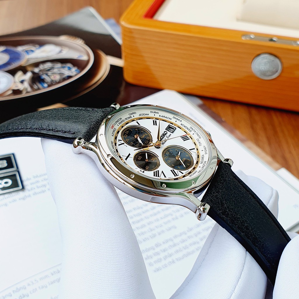 Đồng hồ Nam Seiko Chronograph World Time, kính cứng Hardlex, dây thép không gỉ SPL055P1
