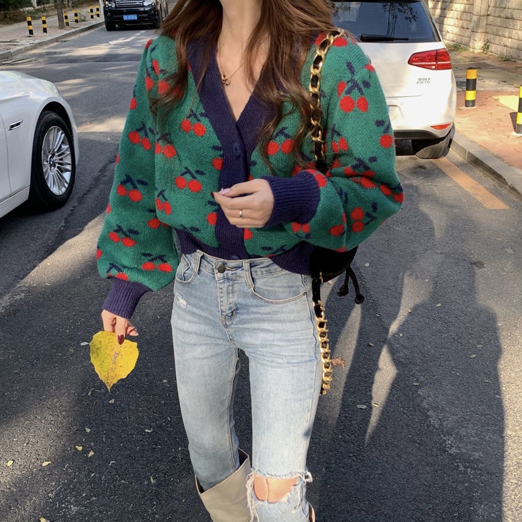 Áo cardigan len tay dài cổ chữ V dáng rộng in họa tiết quả cherry phong cách Hàn Quốc retro thời trang