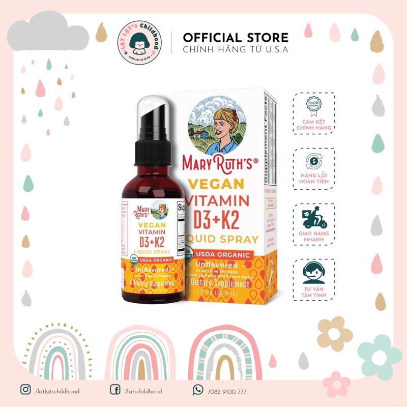 Vitamin D3 K2 Mary Ruth’s liquid spray hữu cơ dạng xịt cho trẻ em, người lớn 30ml