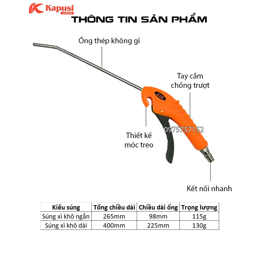 Súng xịt hơi, dụng cụ xì khô mỏ cong Nhật Kapusi, nối nhanh chuôi PP20 phù hợp dây máy nén khí, máy bơm hơi