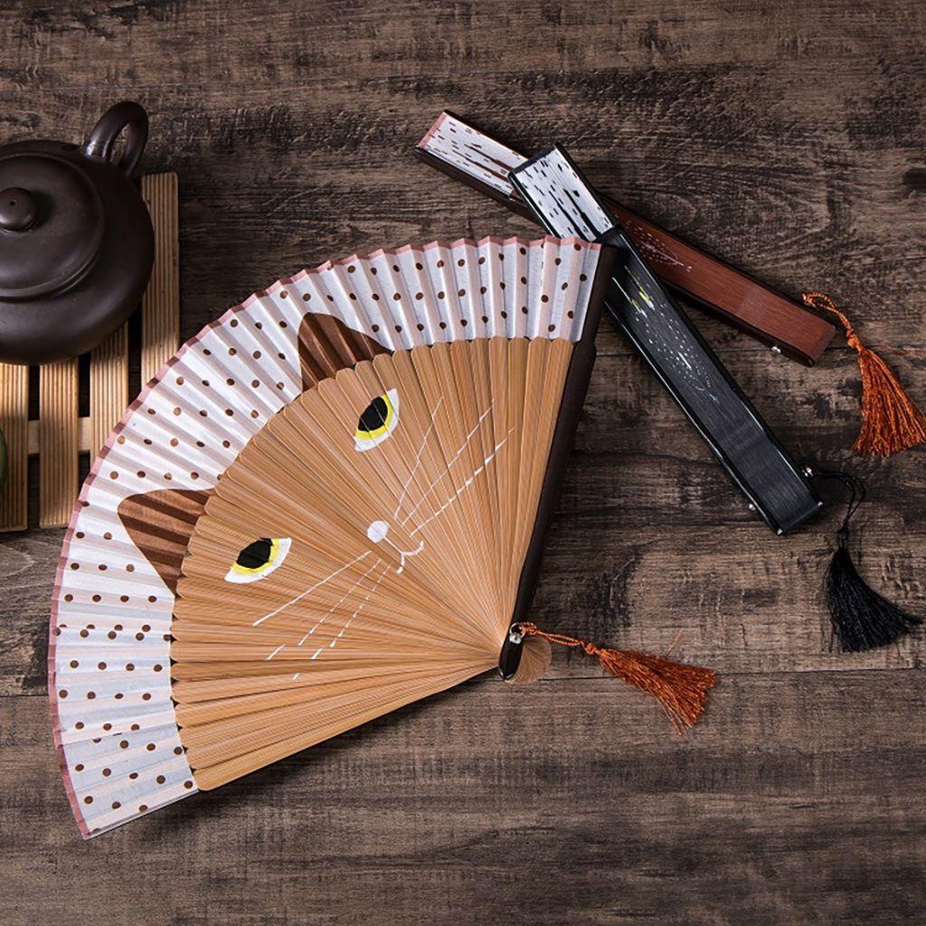 Quạt Xếp Bằng Gỗ Tre Họa Tiết Mèo Hoạt Hình Dễ Thương