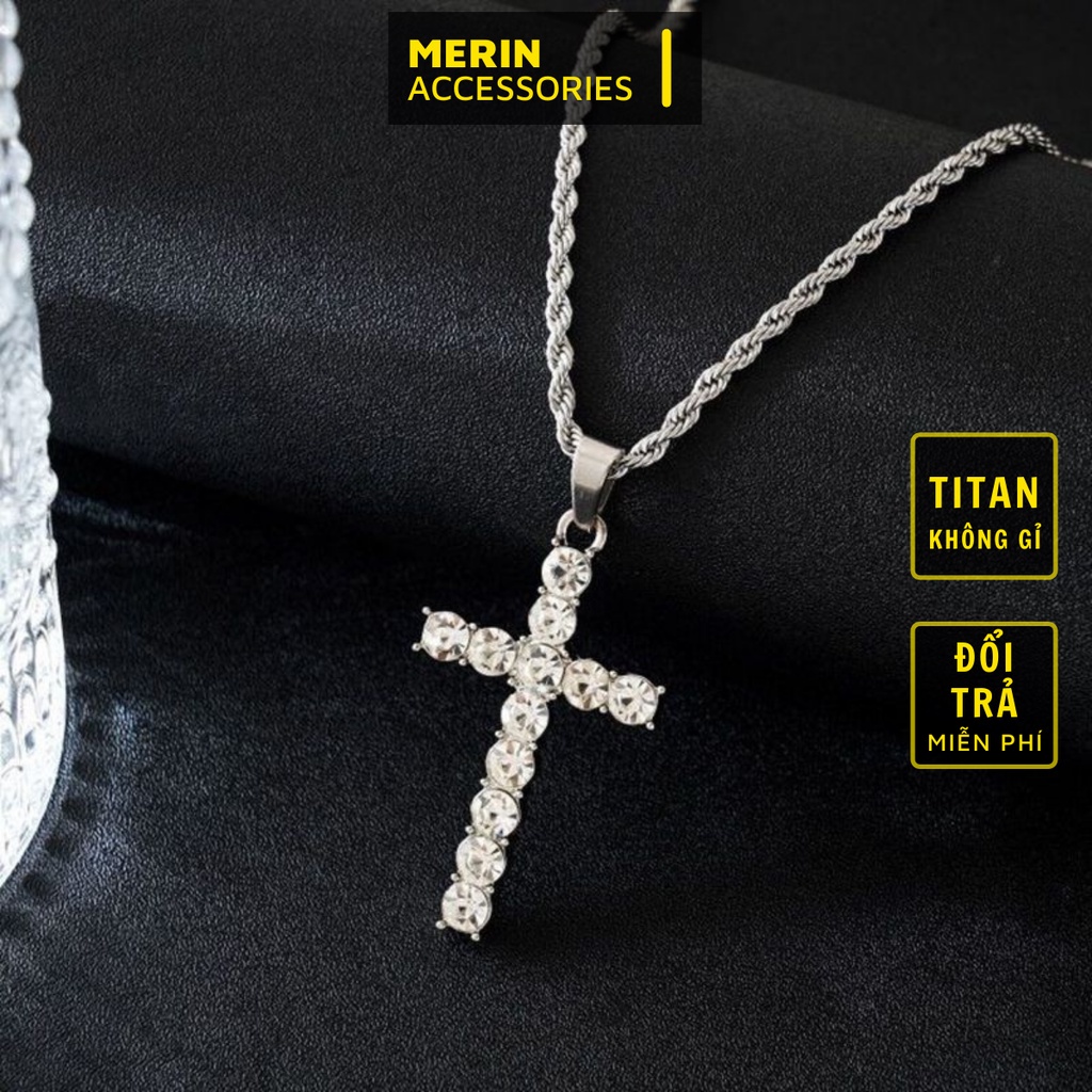Vòng Cổ Dây Chuyền Unisex Chữ Thập Đính Đá Siw Chain Thời Trang Merin Màu Bạc Chất Liệu Inox Cao Cấp Không Gỉ