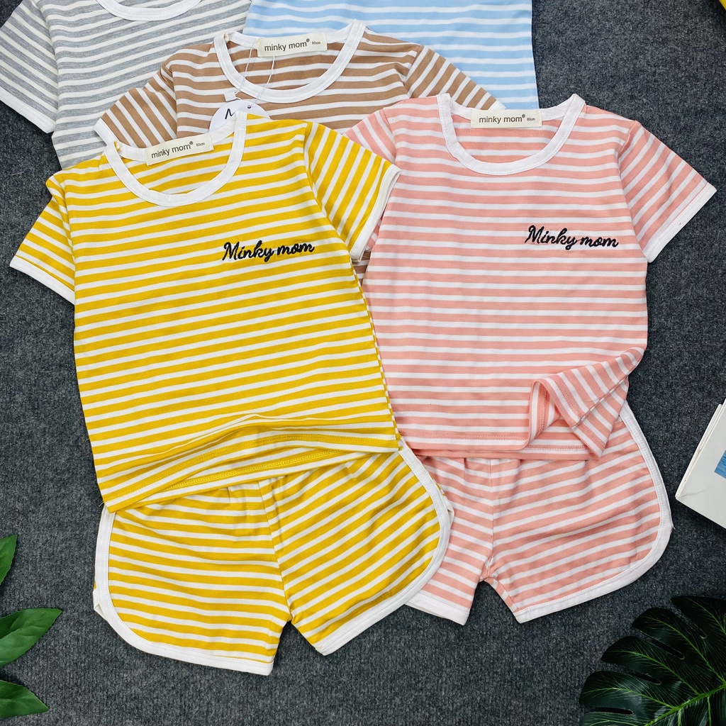 Bộ tay ngắn quần đùi thun lạnh sọc dệt thêu chữ MINKY MOM mềm mịn mát cho bé trai bé gái từ 7-27kg