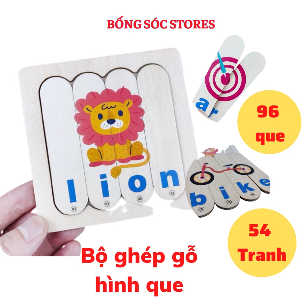 Bộ ghép gỗ hình que 96 chi tiết 54 hình. Bộ tranh ghép hình que. Que ghép tranh. Đồ chơi thông minh. Bống Sóc Store