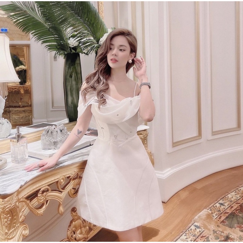 Đầm thiết kế, đầm đi tiệc voan trễ vai đính đá sang chảnh