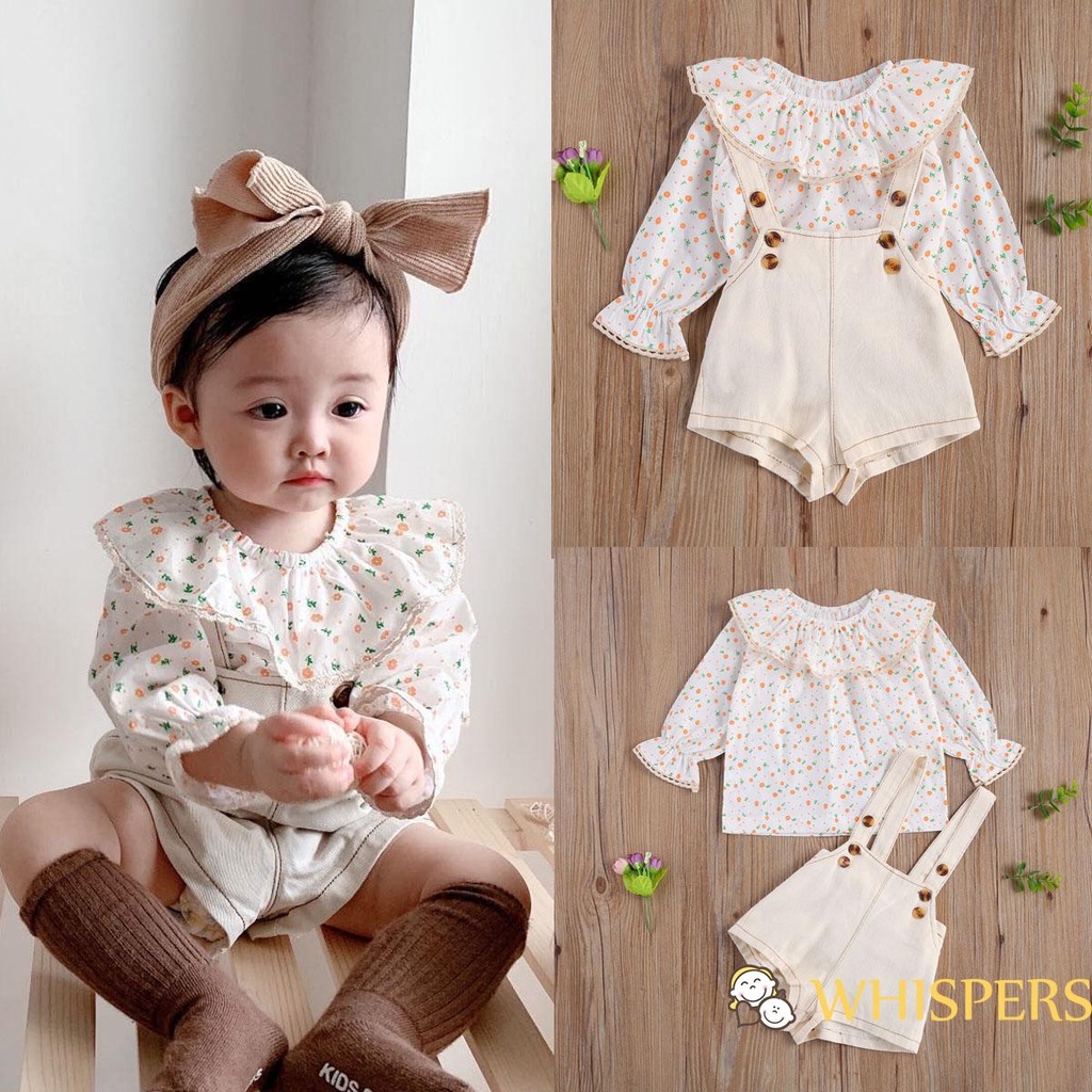 Set Áo Kiểu Cổ Tròn Kèm Quần Yếm Ngắn Đáng Yêu Cho Bé