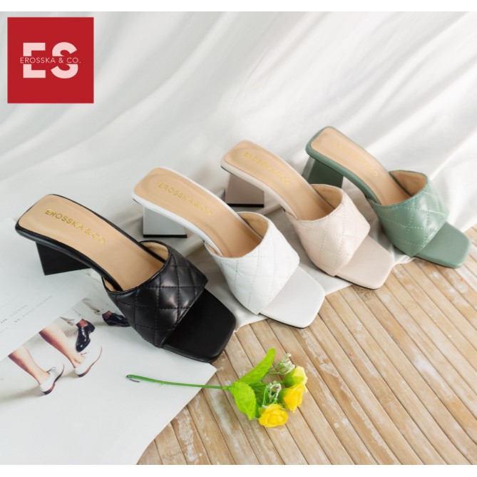 Dép Cao Gót Erosska Thời Trang Mũi Vuông uai ngang Phối Gót Sơn Gỗ Thanh Lịch Cao 5cm_ EM045