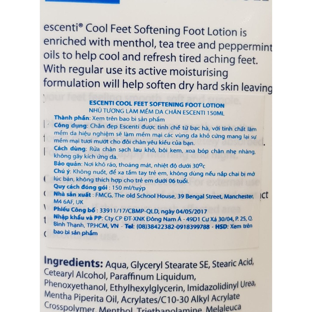 Kem Dưỡng Da Chân Giảm Nứt Gót Chân ESCENTI COOL FEETSOFTENING FOOT LOTION 150ml UK