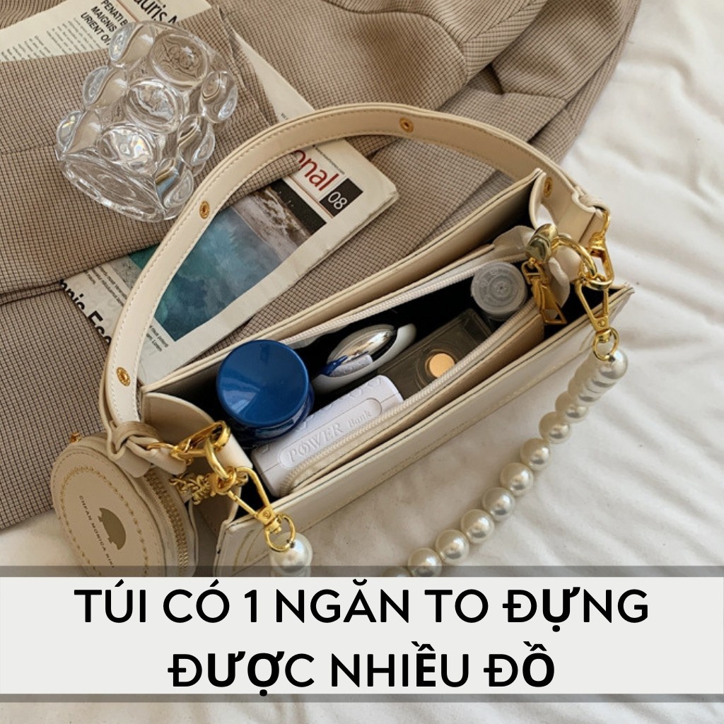 Túi Kẹp Nách Nữ Đẹp Cao Cấp, Túi Xách Nữ Đeo Chéo Công Sở Phối Ngọc Trắng Kèm Ví Mini Xinh