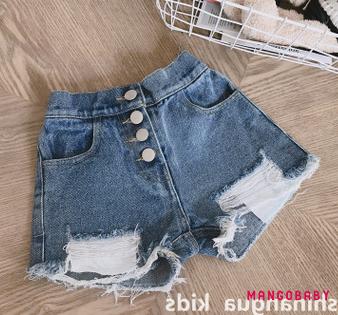 Quần Short Jean Rách Màu Trơn Thời Trang Cho Bé Gái Đen