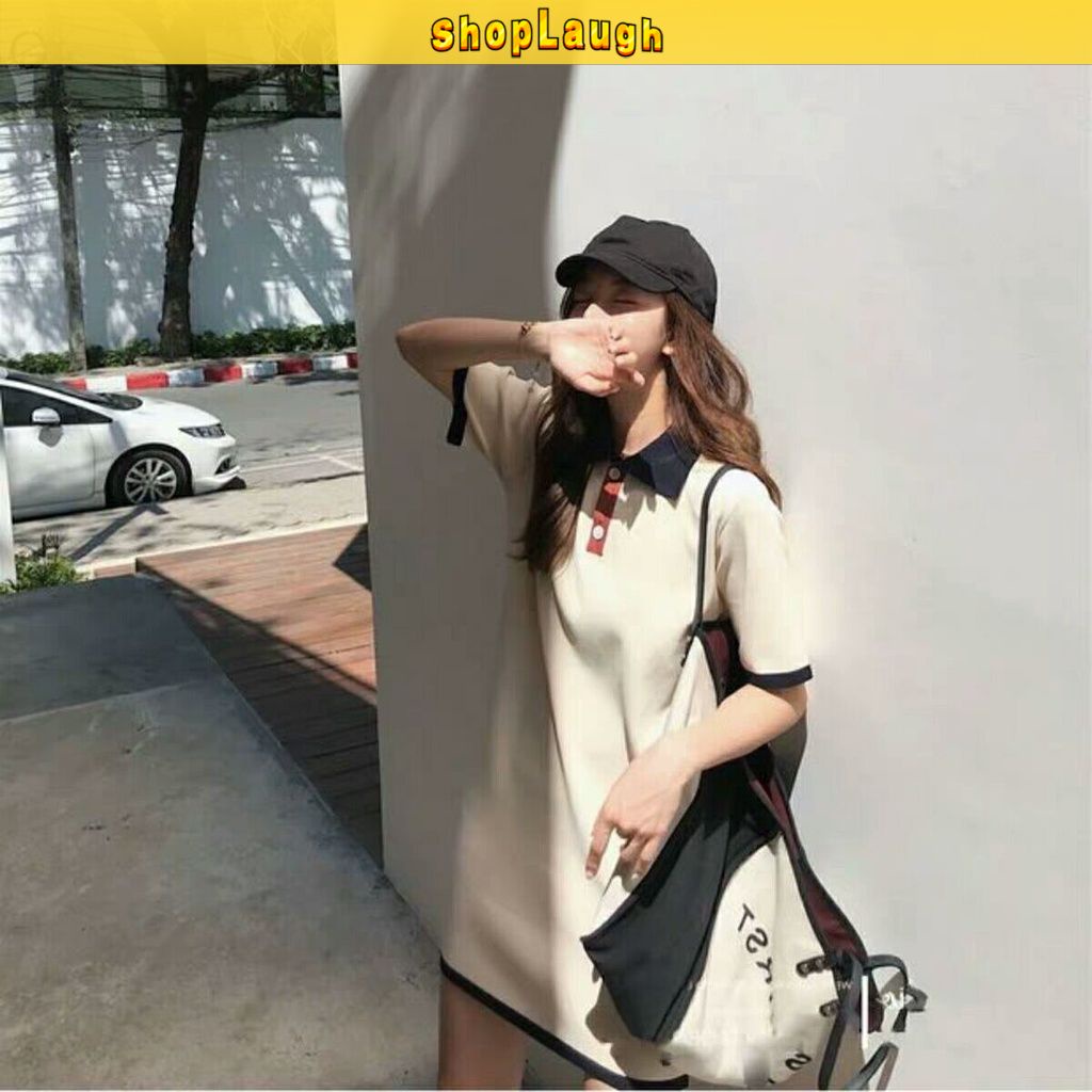 Summer new color contrast short sleeve careful machine polo collar straight tube student dress loose casual knitted short skirt women