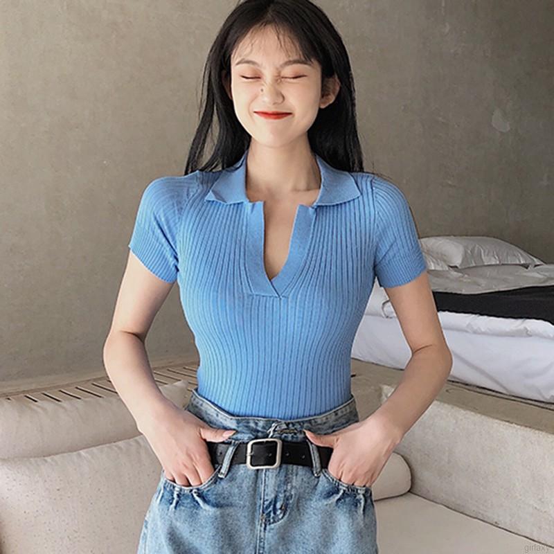 Áo Dệt Kim Tay Ngắn Cổ Bẻ Màu Trơn Phong Cách Retro Hàn Quốc