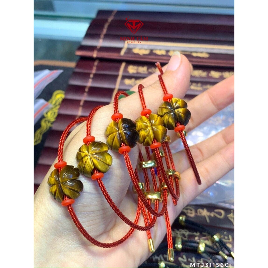 Vòng tay cỏ bốn lá mắt hổ nâu vàng mix dây cước kim loại, Vòng tay dây cước cỏ bốn lá đá mắt hổ-Minh Tâm Jewelry