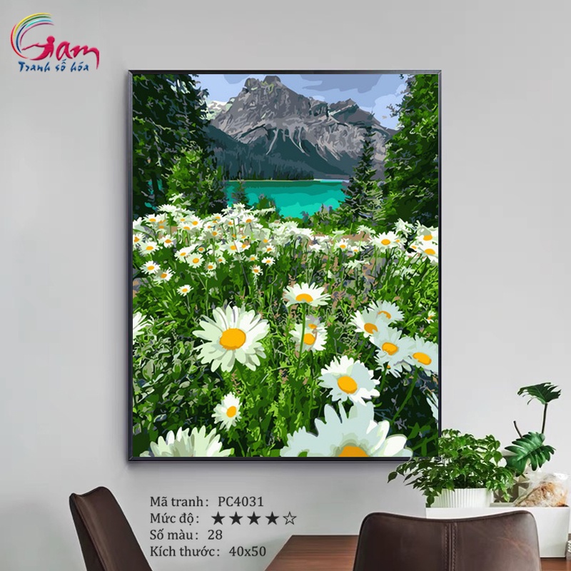 Tranh sơn dầu số hoá phong cảnh đồng hoa cúc trắng có căng khung 40x50cm PC4031