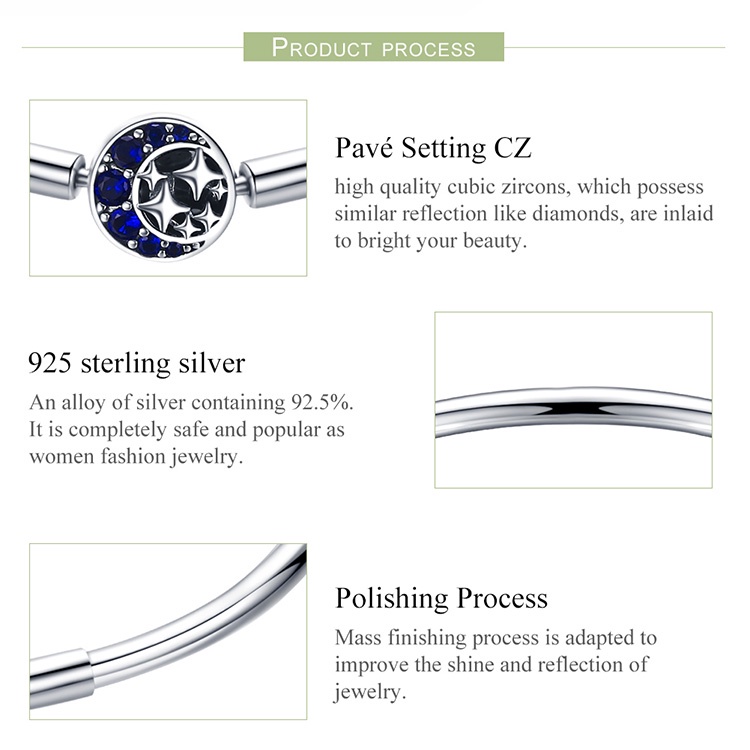 Vòng tay bạc BAMOER SCB080 bạc S925 đính đá CZ hình mặt trăng và ngôi sao thời trang cho nữ