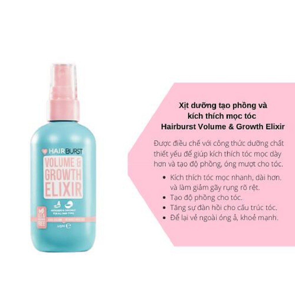 [Mã FMCG100K - 10% đơn 500K] Xịt Hairburst volume and growth elixir tạo độ phồng và kích thích mọc tóc 125ml