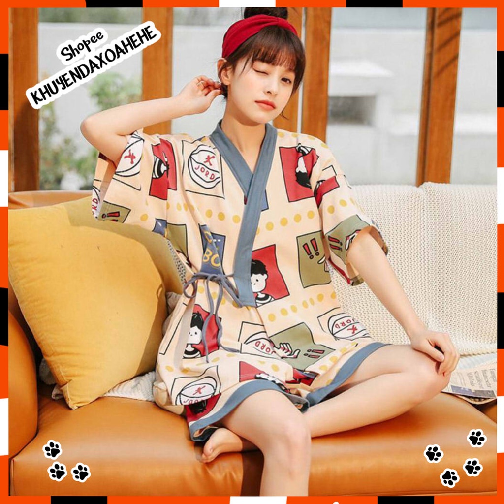 SUSQ2 Bộ Pijama kiểu Nhật yukata lụa cộc tay buộc dây Đồ Ngủ Kimono nữ mặc nhà thắt eo quần lửng ngắn