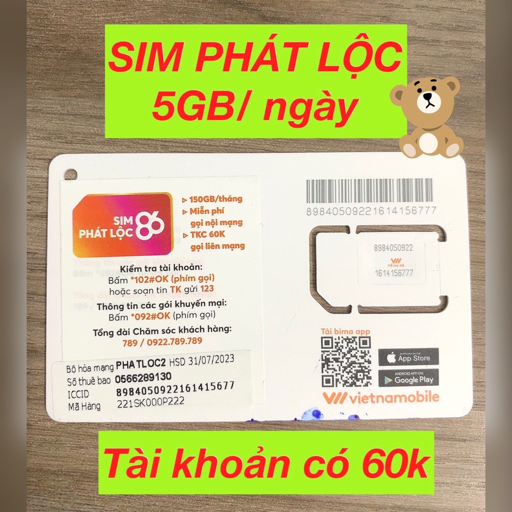 Sim 4G VNMB data 5GB ngày Miễn phí 1 tháng tài khoản 60K