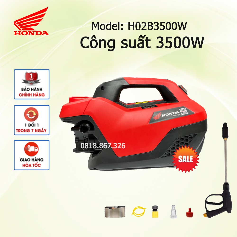 Máy rửa xe mini I Máy rửa xe cao áp HONDA H02B - 3500W | Có áp chống giật - 100% lõi đồng