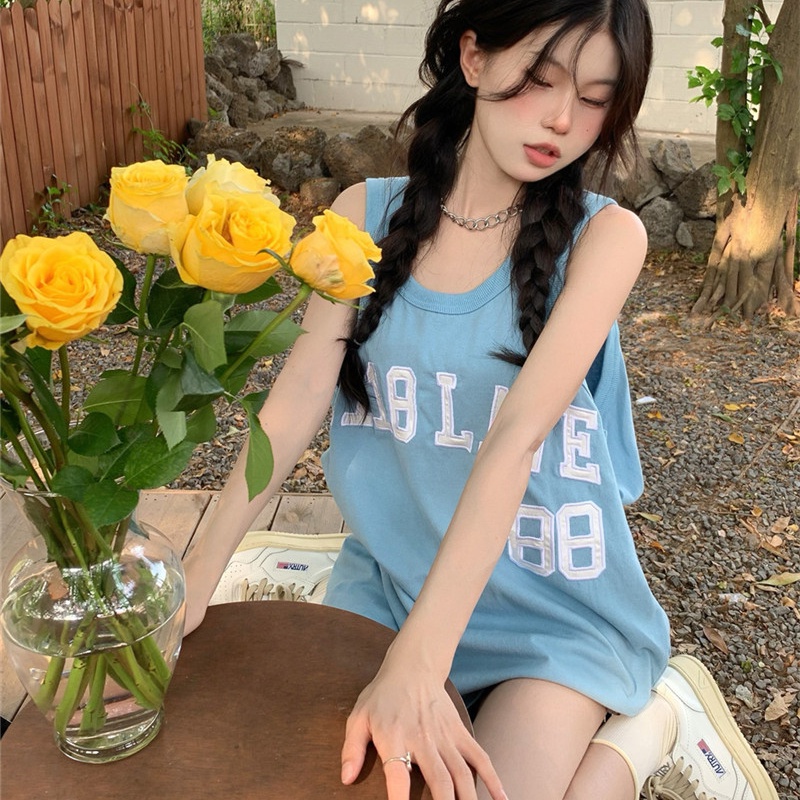 Áo thun ba lỗ SUXI dáng rộng in chữ đơn giản phong cách thể thao thời trang mùa hè cho nữ