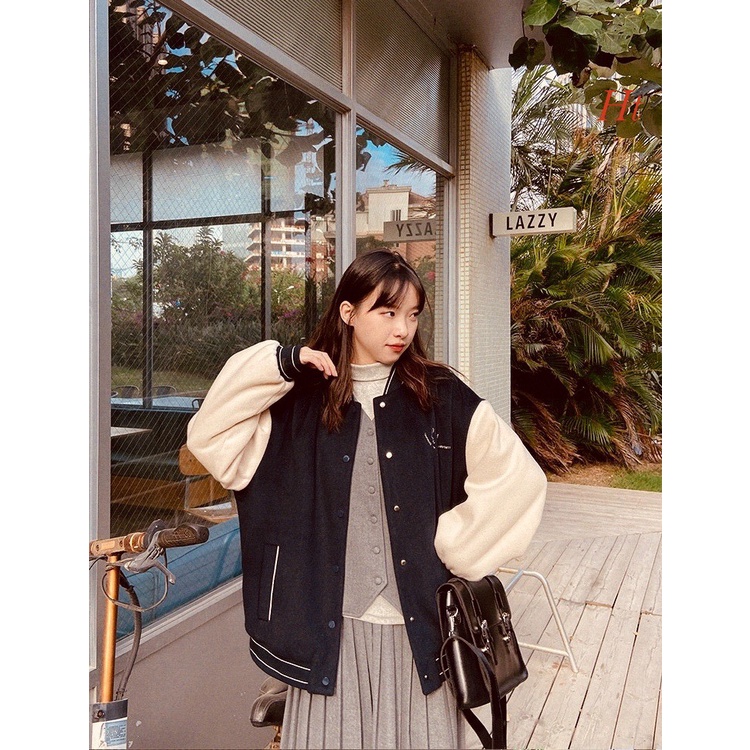 Áo Khoác Bomber Thỏ Nhật Unisex nam nữ Chất Nỉ Cotton Tay Phối Trắng