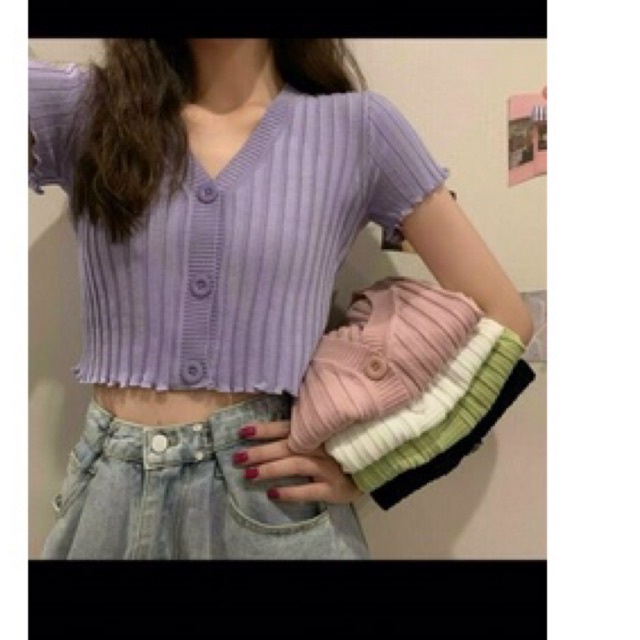 Áo Croptop thun gân lên tay ngắn , Crottop nút gài phông nữ 38-55kg