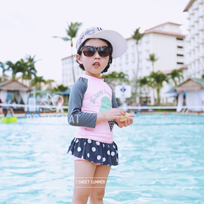 Bộ bơi dài tay bé gái họa tiết kem hồng siêu đẹp DB05
