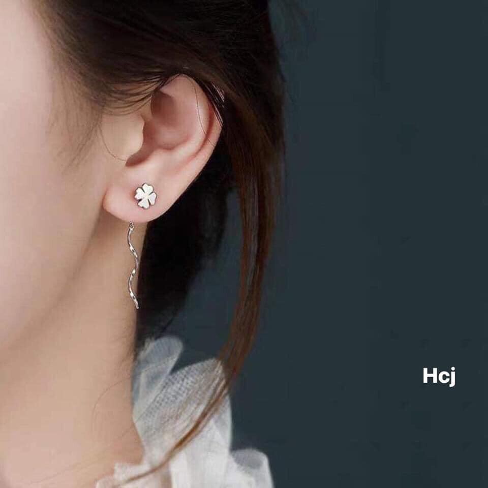Bông tai cỏ 4 lá gắn tua LINH'S MIU SILVER Bông tai bạc ta