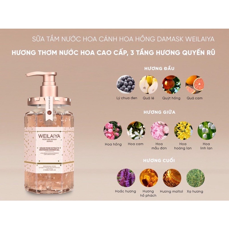 Sữa tắm Weilaiya trắng da cánh hoa hồng Damask 450ml