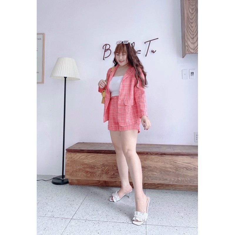 Set vest bố caro bigsize 3 món 60=&gt;90kg(Gồm:áo vest + quần +áo 2 day)