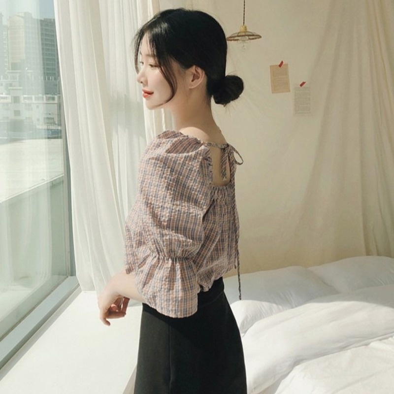 CCVN Áo kiểu tay phồng hoạ tiết kẻ sọc đáng yêu cho phái đẹp hàn quốc thời trang