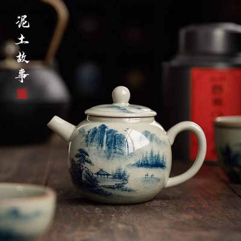 Ấm Sứ Cảnh Đức vẽ tay Họa tiết Sơn Thủy Đẹp Mắt 210 ml