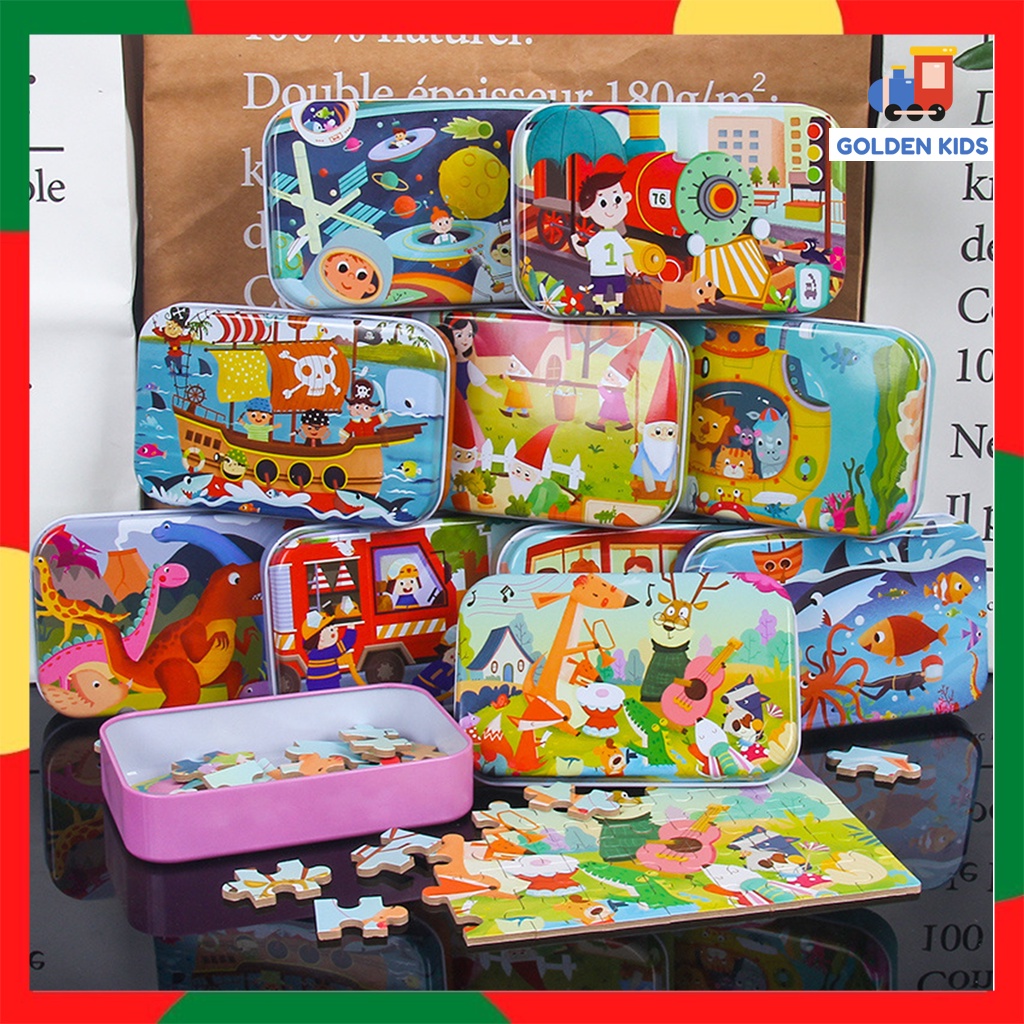 Đồ chơi giáo dục Hộp xếp hình PUZZLE 60 mảnh ghép hộp thiếc nhiều mẫu cho bé khám phá