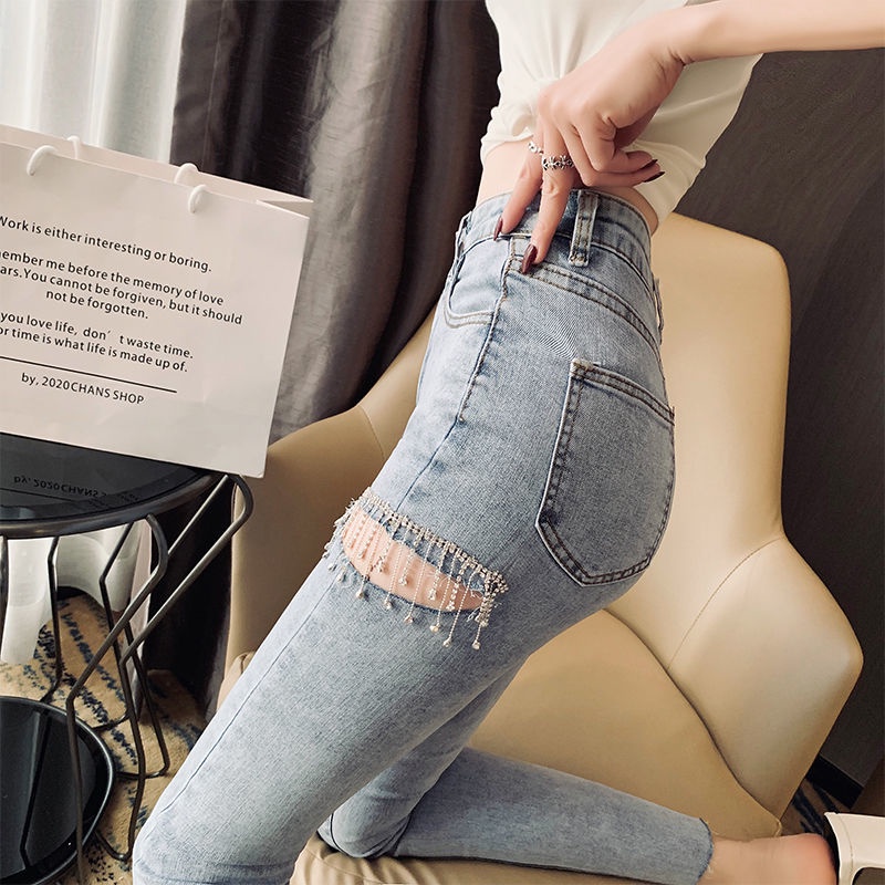 Quần Jeans Dài Lưng Cao Đính Đá Tua Rua Màu Sắc Thời Trang Xuân Hè Hàn Quốc Cho Nữ