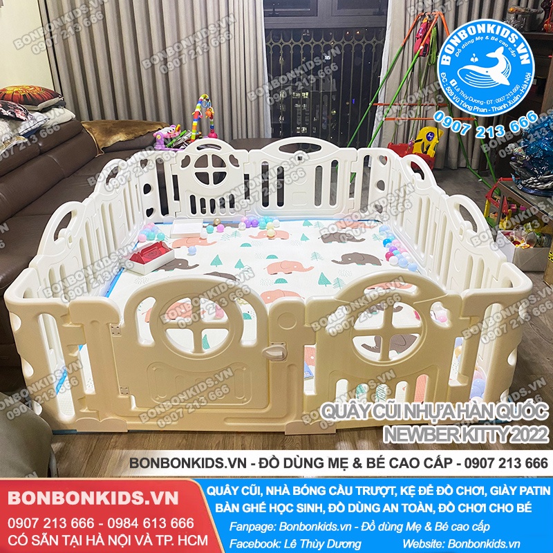 Quây em bé màu trắng bo góc kèm bóng rổ  - Quây cũi nhựa Hàn Quốc Newber Kitty cao cấp