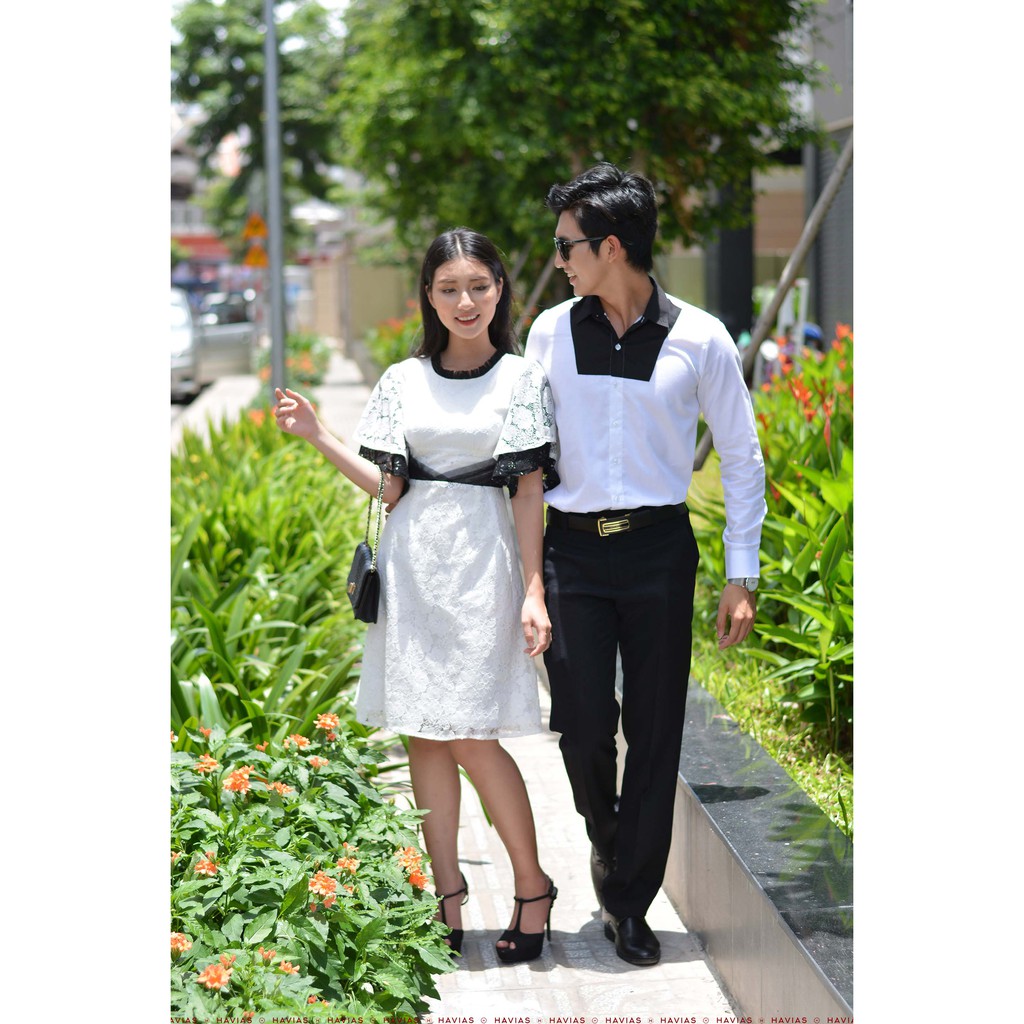 Đồ đôi Đầm Sơ Mi Couple Black Chest White Shirt &amp; Classy Pleated Lace Dress HAVIAS