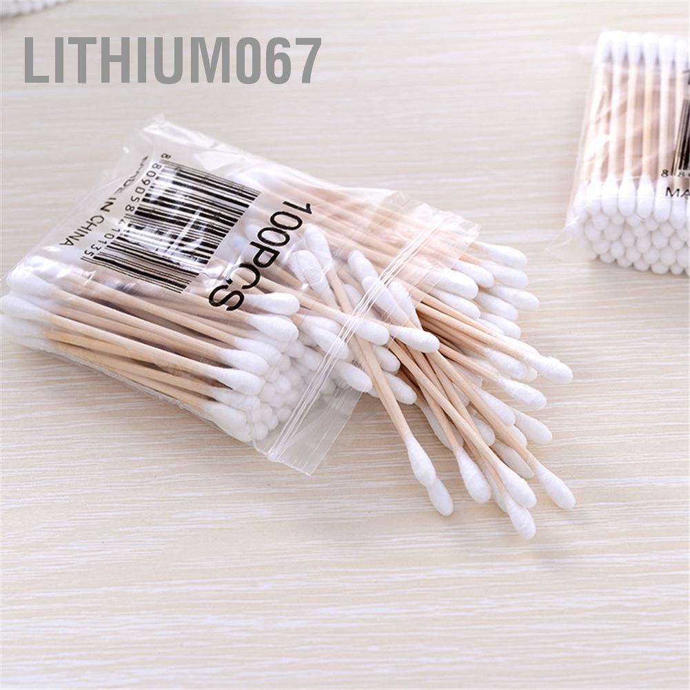 Lithium067 Lithium067 100 cái tăm bông bằng gỗ hai đầu để làm sạch tai Chăm sóc y tế Trang điểm