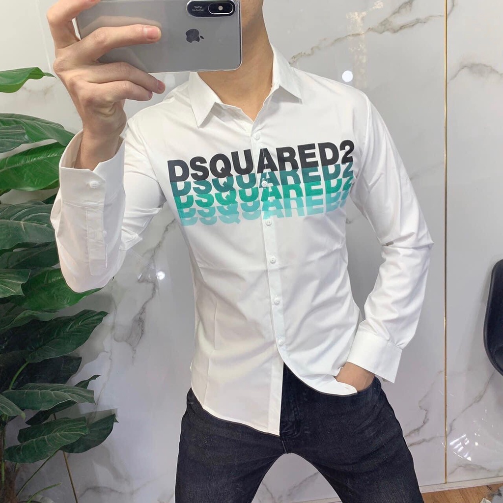 Áo sơ mi nam lụa hàn cao cấp vải đẹp chất lượng phối DSQ xanh đen chất lượng như hình