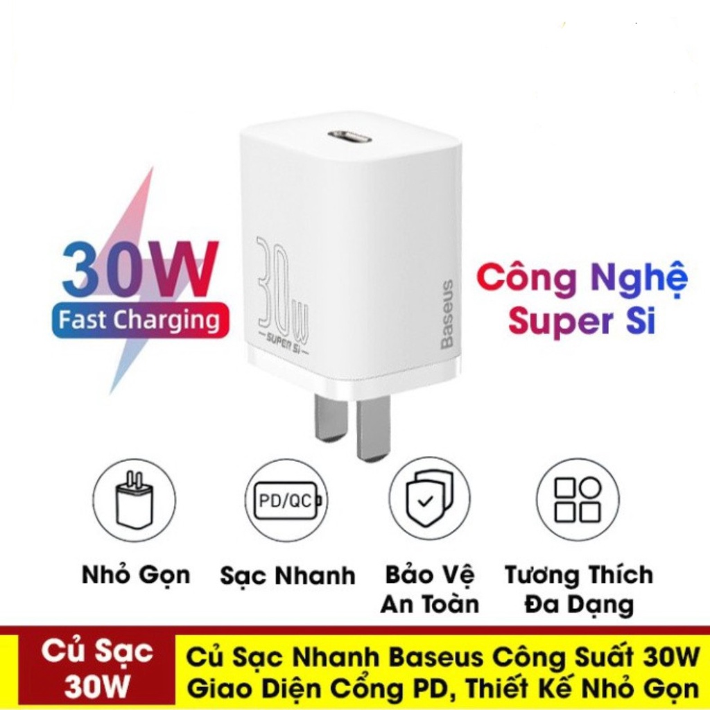 Củ sạc nhanh 30w cho iPhone iPad android Samsung xiaomi oppo công nghệ super si thiết kế nhỏ gọn chính hãng baseus