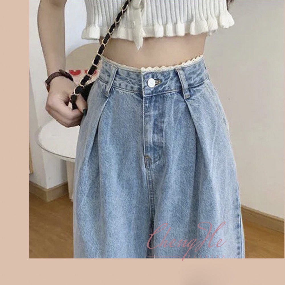 Quần jeans cạp cao ống rộng eo ren học sinh dễ thương kiểu dáng hàn quốc Q00084