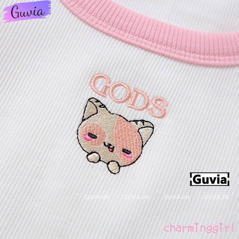 Áo Croptop Ôm Body Nữ GODS THÊU CÚN Cổ U Tay Ngắn, Áo Thun Croptop Kiểu In Họa Tiết GUVIA CR94