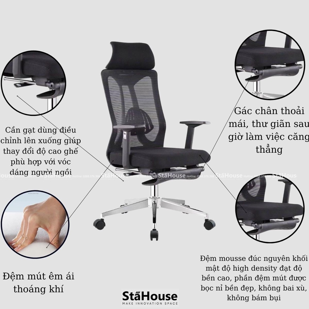 Ghế Công Thái Học Văn Phòng SE603 STAHOUSE Ngả Lưng Thư Giãn Có Gác Chân, Làm Việc tại Nhà