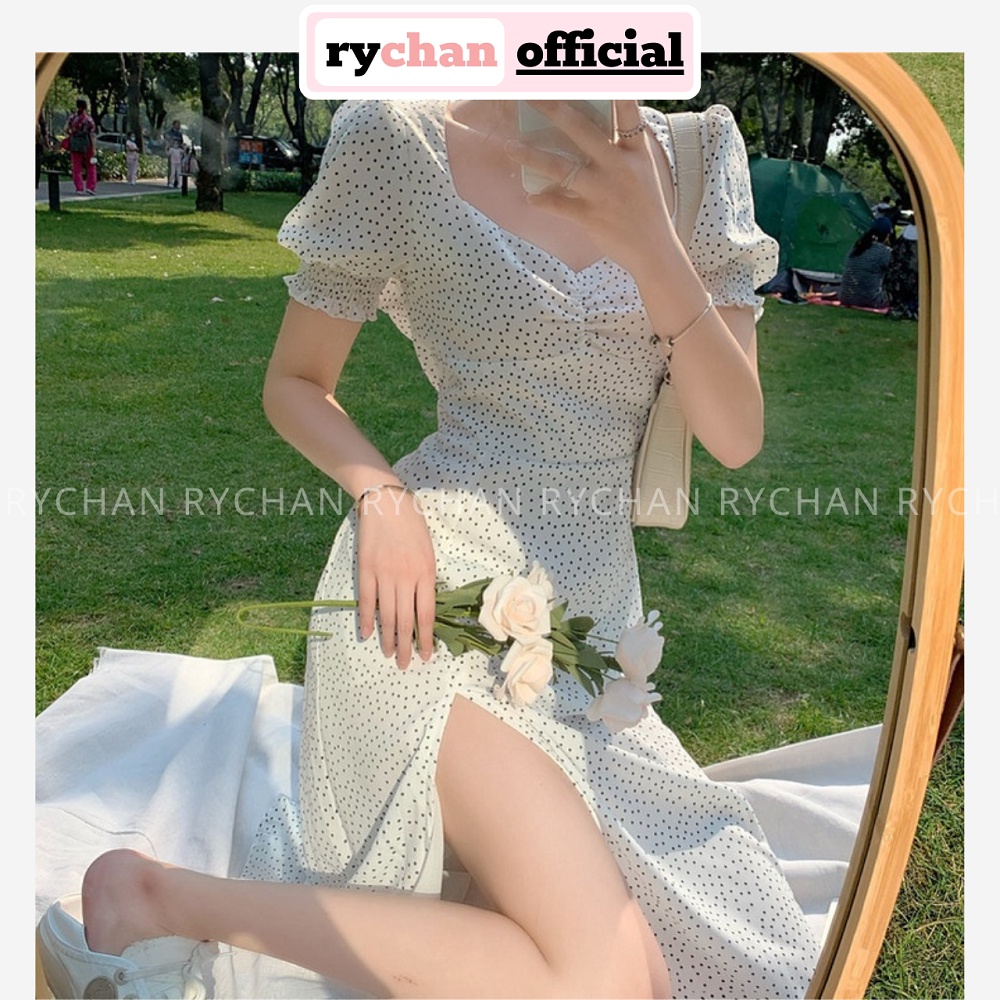 Đầm Đi Biển Xòe Bi Nhí Xẻ Tà Nhún Ngực Lót Trong Dày Dặn - DX810