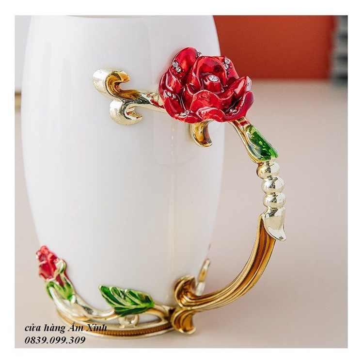 Cốc sứ cao cấp bọc hoa nổi 3D kèm hộp quà cao cấp 350 ML