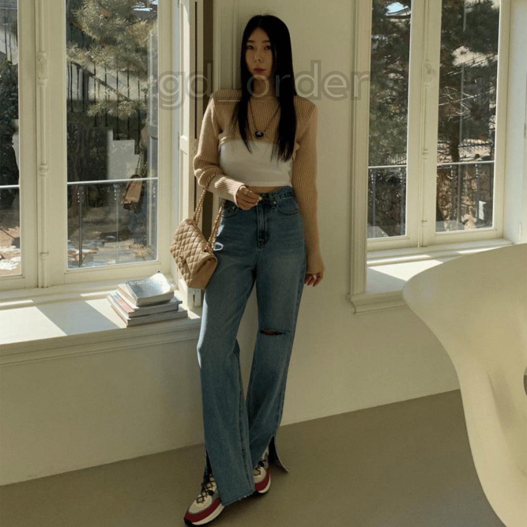 Q10|Quần jeans bò nữ ống rộng lưng cao rách gối hàn quốc basic dễ mặc đi học, đi chơi gd_order