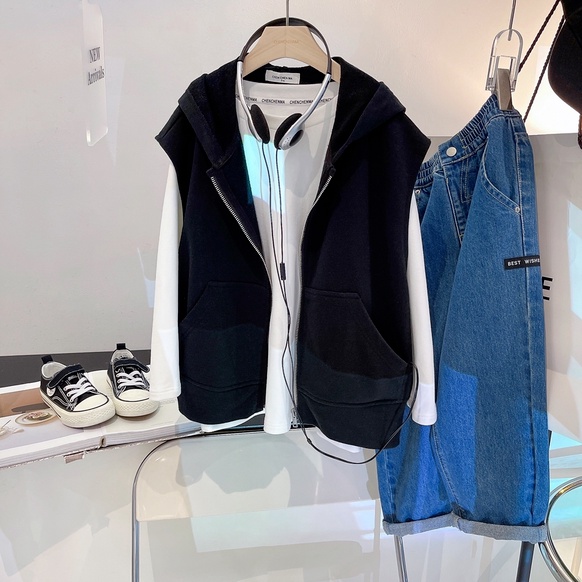 Áo hoodie không tay BXPB có khóa kéo phong cách Hàn Quốc thời trang năng động cho trẻ nhỏ 4-15 tuổi